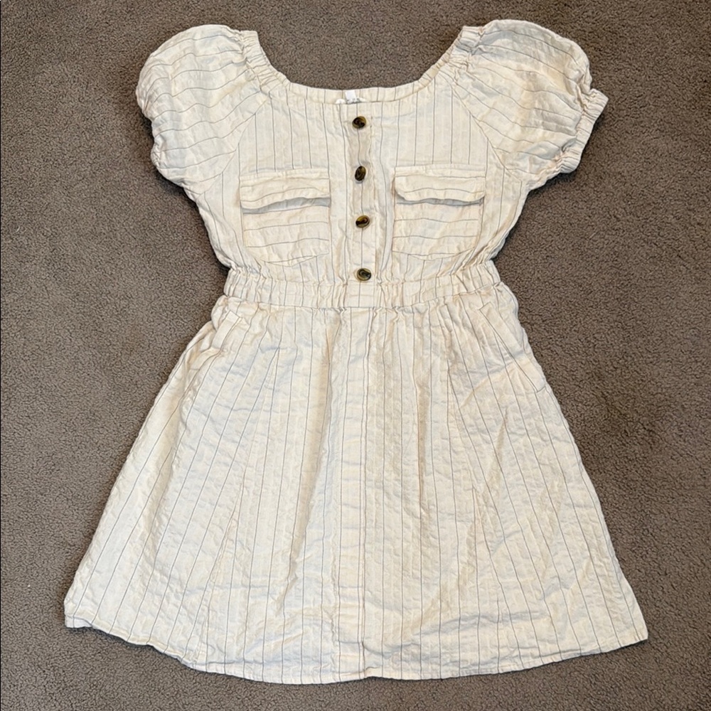 a Loves a Cream Puff Sleeve Square Neck Linen Mini Dress